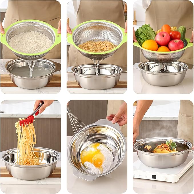 Colander Stainless Steel Microporous, 2QT Rice Strainer with Mixing Bowl, Rice Washer Bowl Set with Handle, Food-Grade Strainers and Colanders for Kitchen, Pasta, Fruit, Dishwasher Safe