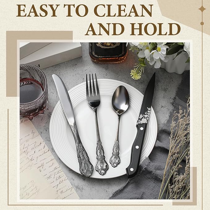 Black Gothic Silverware Set for 12, 72 Pcs Royal Silverware Flatware Set with Black Spoons Forks Knives, Stainless Steel Mirror Vintage Utensil, Dishwasher Safe