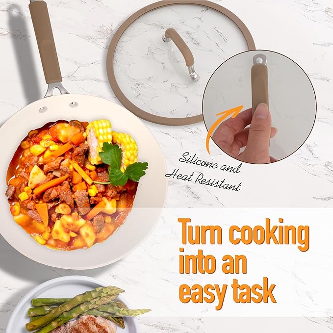 22Pcs Pots and Pans Set Non Stick, Ceramic Nonstick Cookware Set, Kitchen Induction Pots and Pans Cooking Set with Stay Cool Handles, without PFOA, PTFE or PFAS, Cream Yellow