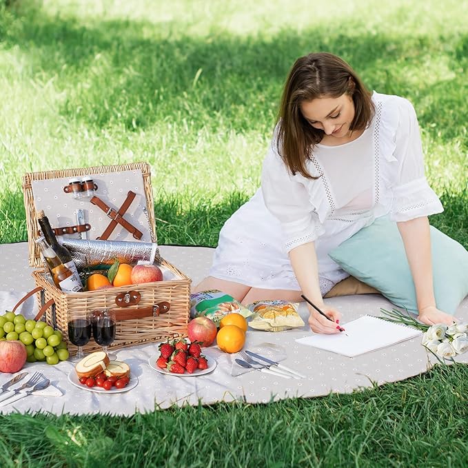 HappyPicnic Picnic Basket Set for 2 - Wicker Picnic Basket with Waterproof Blanket & Insulated Liner, Large Handmade Willow Hamper with Cutlery Kit for Outdoor, Picnic, Camping, Holidays (Flower)