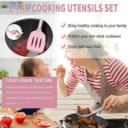 E-far Silicone Cooking Utensils Set, 14-Piece Pink Kitchen Utensils Set with Holder, Kitchen Tools Spatulas with Stainless Steel Handle for Non-stick Cookware, Heat Resistant & Dishwasher safe
