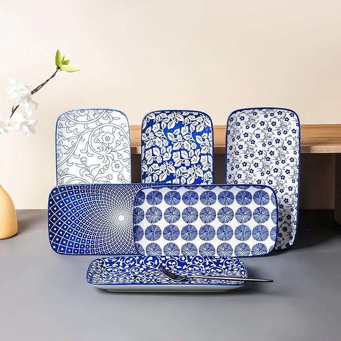 Selamica Ceramic Serving Platters, 12 Inch Serving Trays for Party Entertaining, Large Rectangular Serving Plates for Food, Set of 6, Vintage Blue