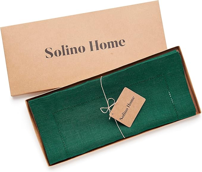 Solino Home Linen Rainforest Green Table Runner 72 Inches Long - 100% Pure Linen Hemstitch Table Runner 14 x 72 Inch for Dresser, Dining, Fall, Autumn - Classic Hemstitch