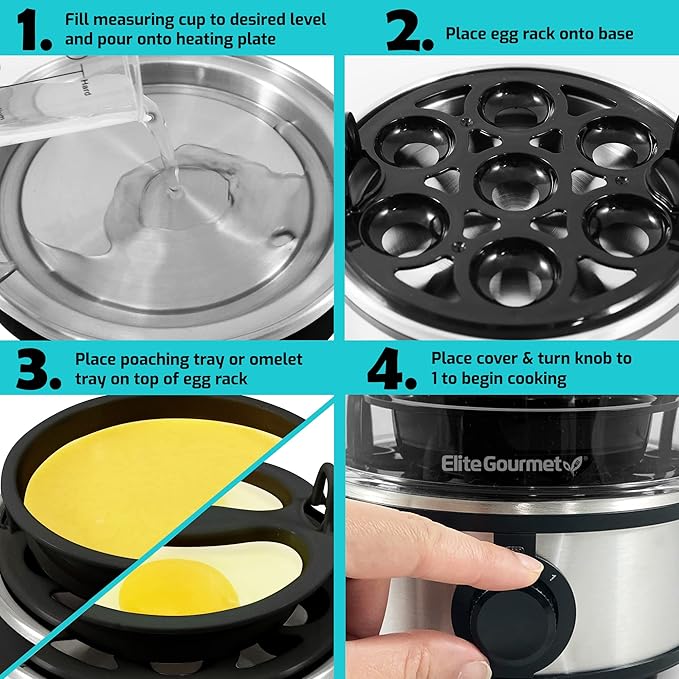 Elite Gourmet EGC648 Easy Electric Poacher, Omelet Eggs & Soft, Medium, Hard-Boiled Egg Boiler Cooker with Auto Shut-Off and Buzzer, Measuring Cup Included, BPA Free, Stainless Steel 7 Egg