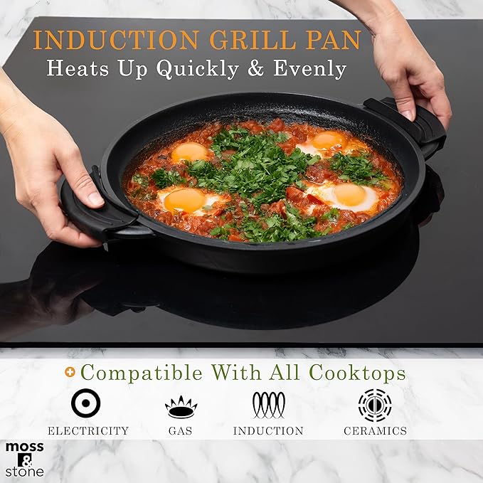 Moss & Stone Nonstick Grill Pan for Indoor Cooking 12", The Whatever Pan Cast Aluminum Griddle Pan for Stove Top Dishwasher & Oven Safe, Induction Grill Pan with Lid with Silicone handles PFOA Free