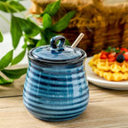 glowworm 12 Ounce Honey Pot, Honey Jars with Dipper, Ceramic Honey Dispenser for Home, Kitchen, Dishwasher Safe, Blue