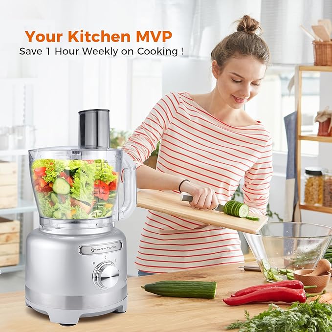 Homtone 16 Cup Food Processor, 9 Functions 7 Blades 3 Speeds for Shredding, Slicing, Doughing, Emulsfying and Meat Vegetable Chopping for Home Use, 600W (Sliver)