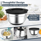 TeamFar Mixing Bowls, Black Mixing Bowls with Lids Set, Stainless Steel Nesting Salad Bowl with Air-tight Lid & Silicone Bottom, Non Slip & Stackable - Set of 6-4.6/2.6/2 / 1.5/1 / 0.7 Qt