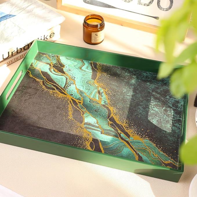 Marble Green Decorative Tray for Coffee Table, Ottoman, Rectangular Plastic Serving Platter Tray with Handles for Entertaining, Outdoor Patio, Living Room Counter, 15.7”*11.8”*1.6”