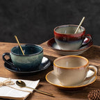 Porcelain Coffee Cup with Saucer Spoon, Vintage Design Ceramic Latte Art Cappuccino Barista Espresso Tea Cup with Saucer (11.6 oz, 350ml, Honey Pomelo Yellow)