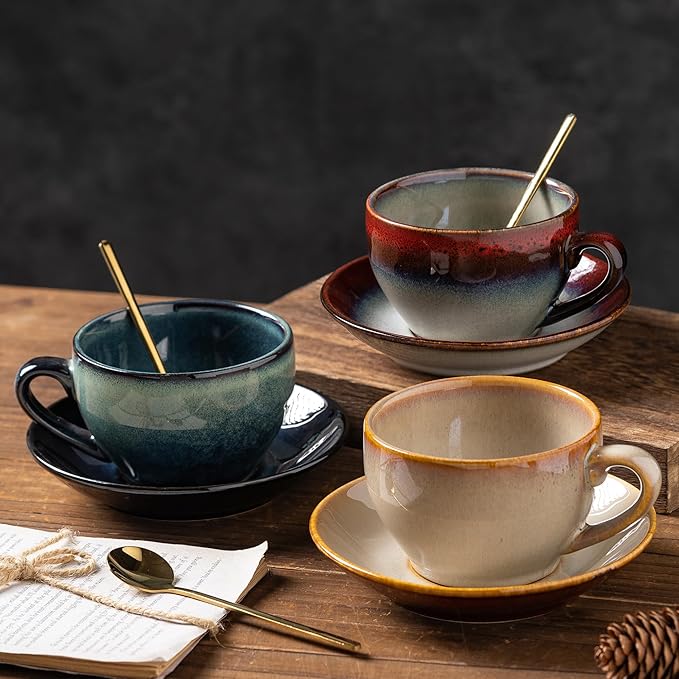 Porcelain Coffee Cup with Saucer Spoon, Vintage Design Ceramic Latte Art Cappuccino Barista Espresso Tea Cup with Saucer (11.6 oz, 350ml, Honey Pomelo Yellow)