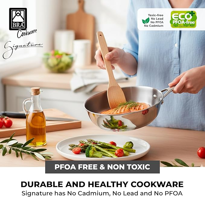 BRA COOKWARE Signature Deep Frying Pan | 11 inches Professional High Skillet | Stainless Steel Deep Frying Pan | All Stovetop Compatible | PFOA Free | w/o Non-Stick Coating | Polished Finish