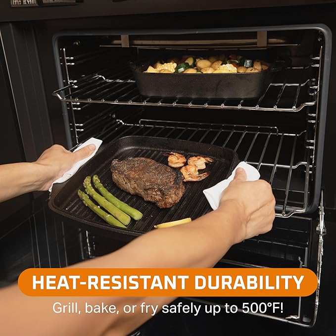 Bruntmor 2-in-1 Pre-Seasoned Cast Iron Dutch Oven with Grill Pan Lid and Handles - 11 Inch Non Stick Square Cast Iron Skillets for Braising, Grilling, and Frying - Heat-Resistant to Oven and Stovetop