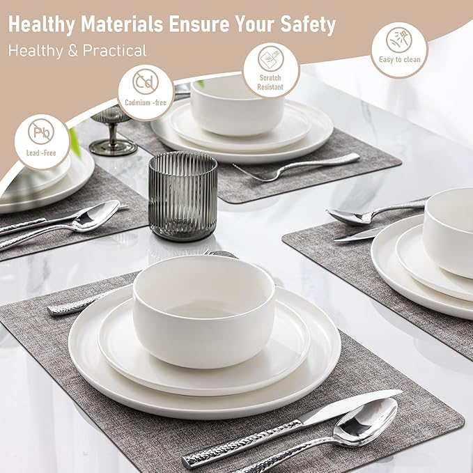 LERATIO Stoneware Dinnerware Sets for 4,Handcarft Ceramic Plates and Bowls Sets,Chip and Scratch Resistant Dishes, Dishwasher & Microwave Safe, Oven safe,Reactive Glaze-White