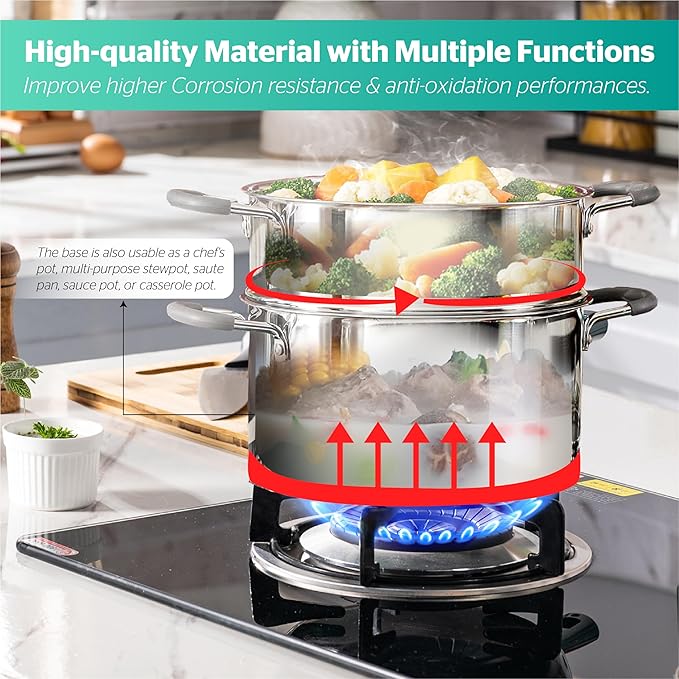 SUNHOUSE 3 Quarts Steamer Pots With Lid 2-Tier Multipurpose Stainless Steel Steaming Pot Cookware For Vegetable, Dumpling, Sauce, Food - Triple Bottom, Measurement Line