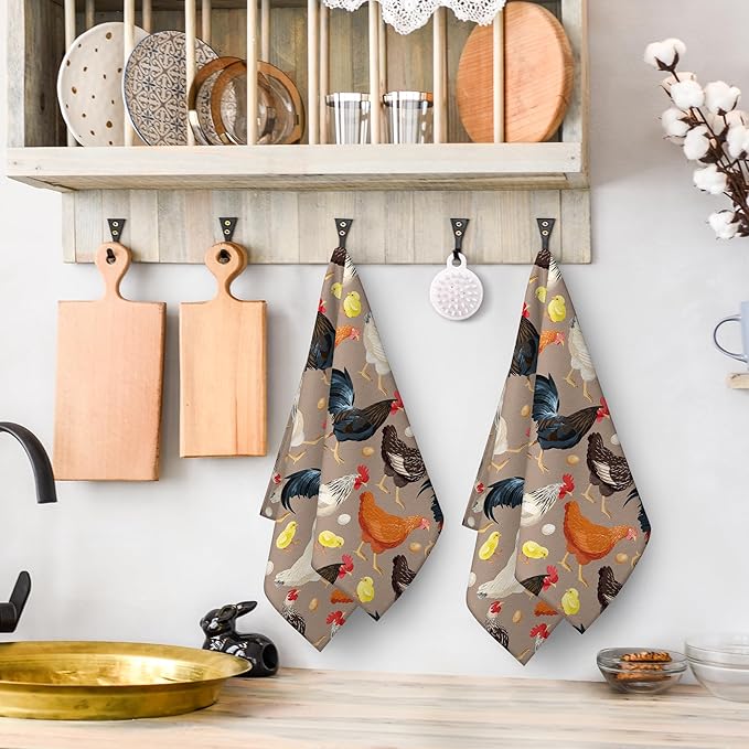 Rooster Chicken Dish Towels Set of 2, Absorbent Vintage Decorative Kitchen Towels dishcloths, Retro Kitchen Baking Bar Bathroom Decor Drying Cloth