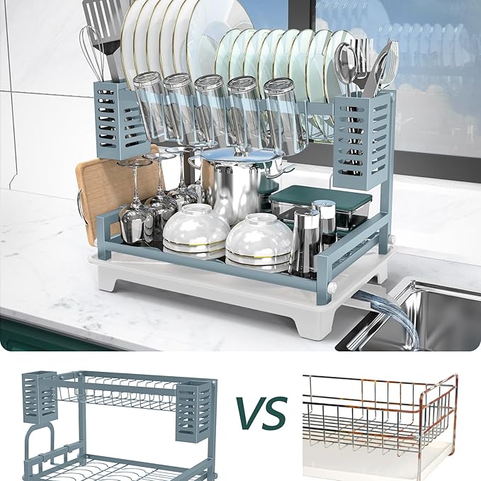 B-Land Dish Drying Rack, 2 Tier Dish Racks for Kitchen Counter, Large Dish Drying Rack with Drainboard & Utensil Holders, Rust-Proof Dish Drainers,Kitchen Organization