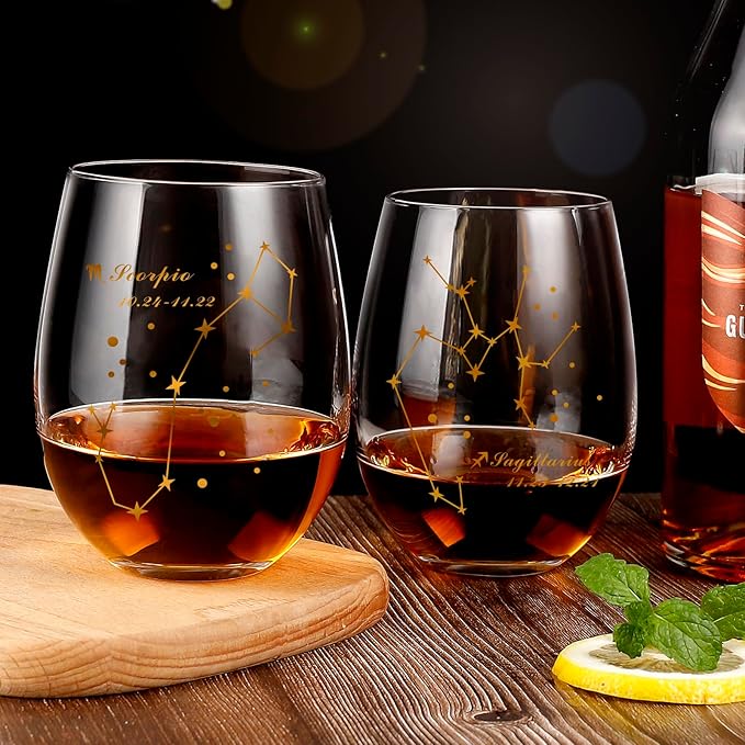 HOHY Scorpio Wine Glass - 20oz Golden Stemless Constellation Glass, Zodiac Sign Horoscope Gift for Women Men, Astrology Define Design