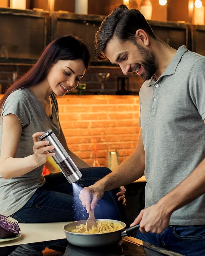 GiveBest Electric Salt and Pepper Grinder Set with Easy-to-Carry Charging Base and LED Light, Automatic Salt and Pepper Grinder Set, Adjustable Coarseness, USB Rechargeable, Washable Container