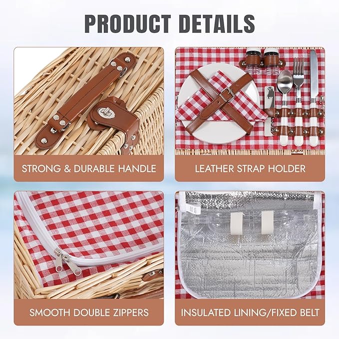 HappyPicnic Picnic Basket Set for 2 - Wicker Picnic Basket with Waterproof Blanket & Insulated Liner, Large Handmade Willow Hamper with Cutlery Kit for Outdoor, Picnic, Camping, Party, Holidays (Red)