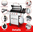 Griddle Grill Combo, Propane Gas and Charcoal Grill Combo, Outdoor BBQ Grills, 4 Burner Propane Stove with Griddle, Cast Iron Grates, Side Burner & Prep Space