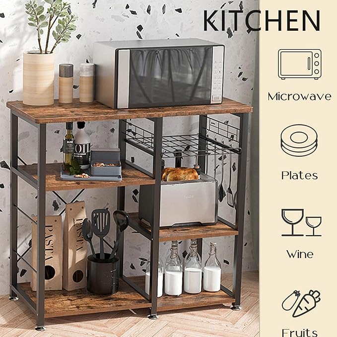 soges 3-Tier Kitchen Baker's Rack Utility Microwave Oven Stand Kitchen Island Cart Standing Storage Shelf Kitchen Workstation, Vintage Brown