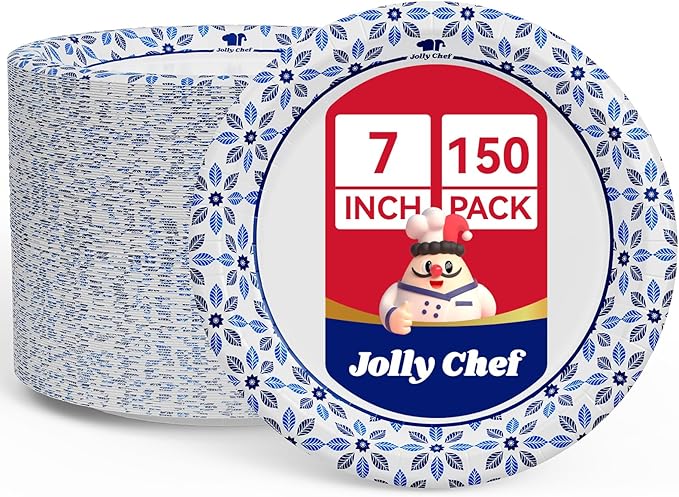 JOLLY CHEF 7 inch Disposable Paper Plates 150 Count, Soak Proof, Cut Proof, Heavy Duty Paper Plates for Everyday Use