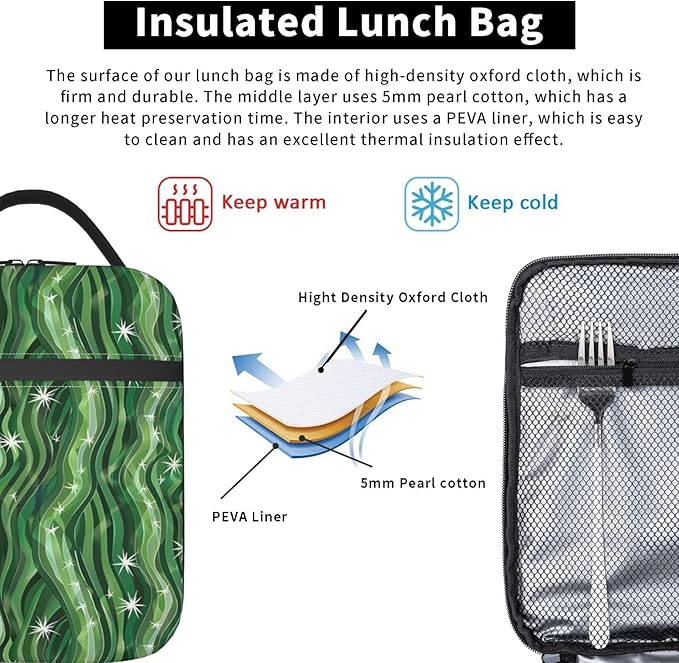 Abstract Wave Lunch Box,Insulated Lunchbox,Star and Green Stripe Design Bags,Reusable Cooler Lunchbag for Picnic,Travel,Office,Camping,Ideal Gifts for Women,Men,Adults