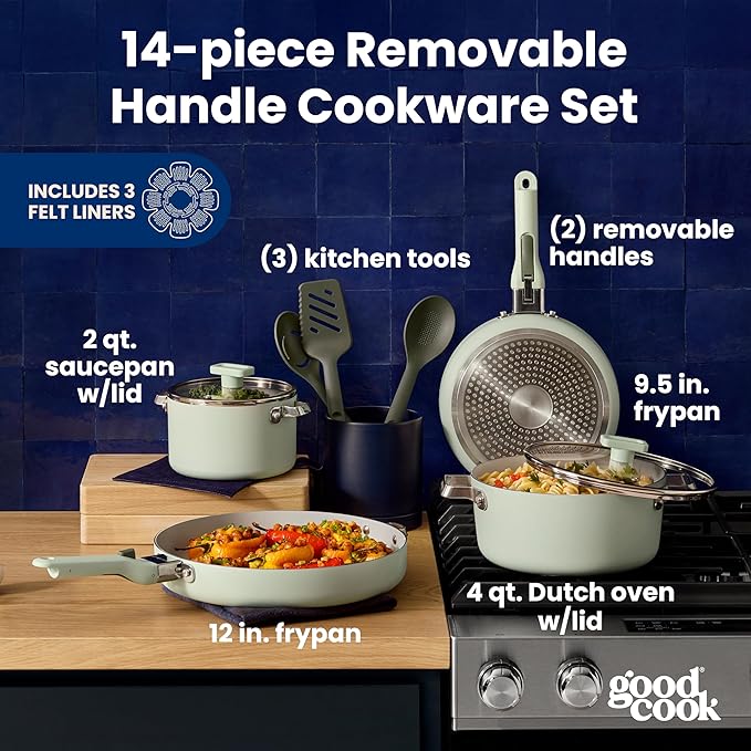 GoodCook Ceramic Cookware Set 14-Piece with Removable Handles, Nonstick Pots & Pans, Induction & Oven Safe, Sage Green