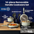 GoodCook Ceramic Cookware Set 14-Piece with Removable Handles, Nonstick Pots & Pans, Induction & Oven Safe, Sage Green