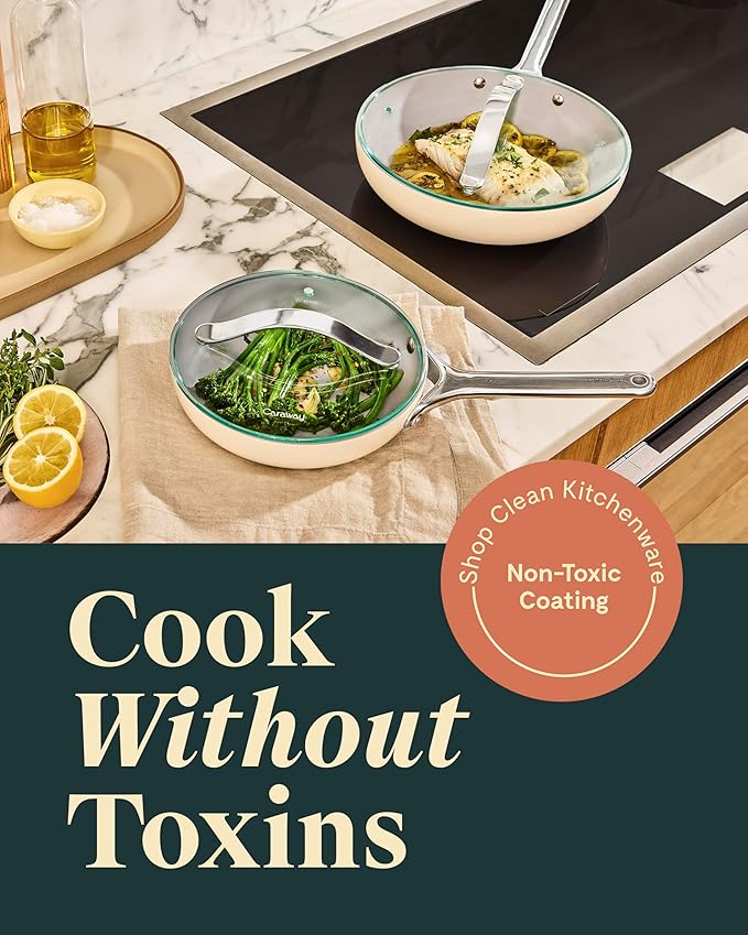 Caraway Ceramic Nonstick Fry Pan Set with Glass Lids – Includes Two 10.5” Fry Pans, One 8” Fry Pan, & Three Lids - Non Toxic, PTFE & PFOA Free - Oven Safe & Compatible with All Stovetops - Sage