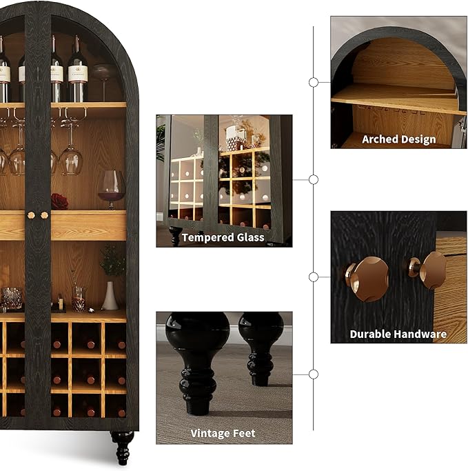 71" Wine Bar Cabinet, Arched Storage Cabinets with Door, Whiskey Station with Wine Rack and Glass Holder, Liquor Bar Cabinet for Home Kitchen Living Dining Room (Black)