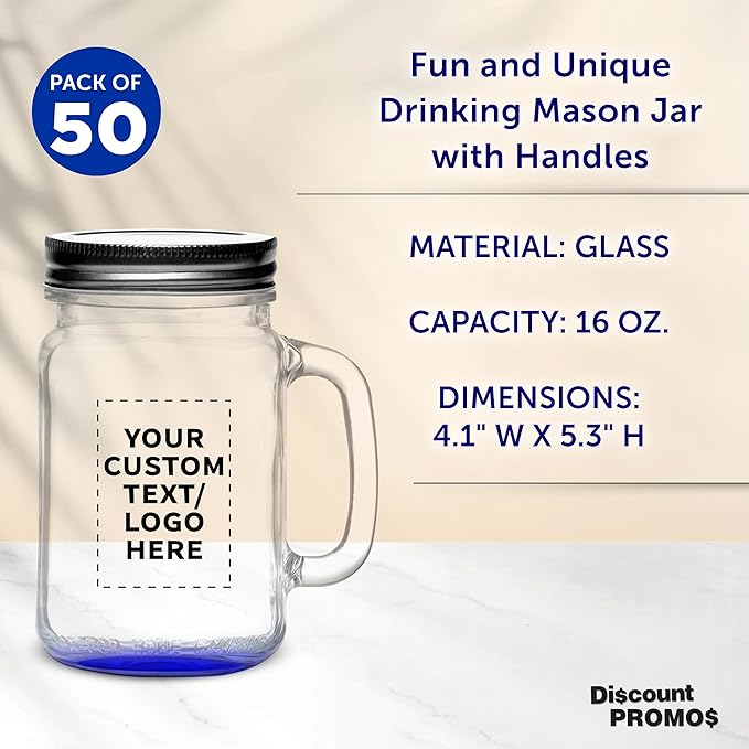 DISCOUNT PROMOS Custom Libbey Handle Mason Jars w/Lids 16 oz. Set of 50, Personalized Bulk Pack - Traditional style, High standard - Blue