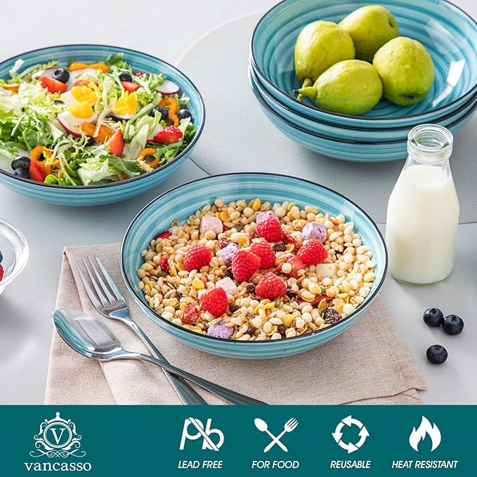 vancasso Bonbon Pasta Bowls Set of 6, 38 Oz Ceramic Salad Bowls, Wide and Shallow Bowls Set, Large Serving Bowls for Kitchen, Blue