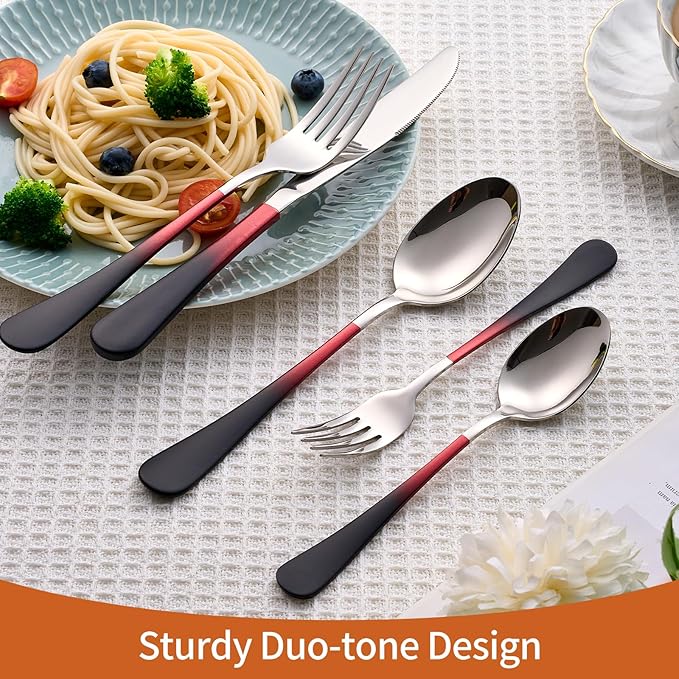 20 Piece Black Red and Silver 18/0 Flatware Utensil Set for 4, Include Dinner Knife,Dinner Forks,Dinner Spoons,Salad Forks,Teaspoons,Silverware Set for 4, Dishwasher Safe