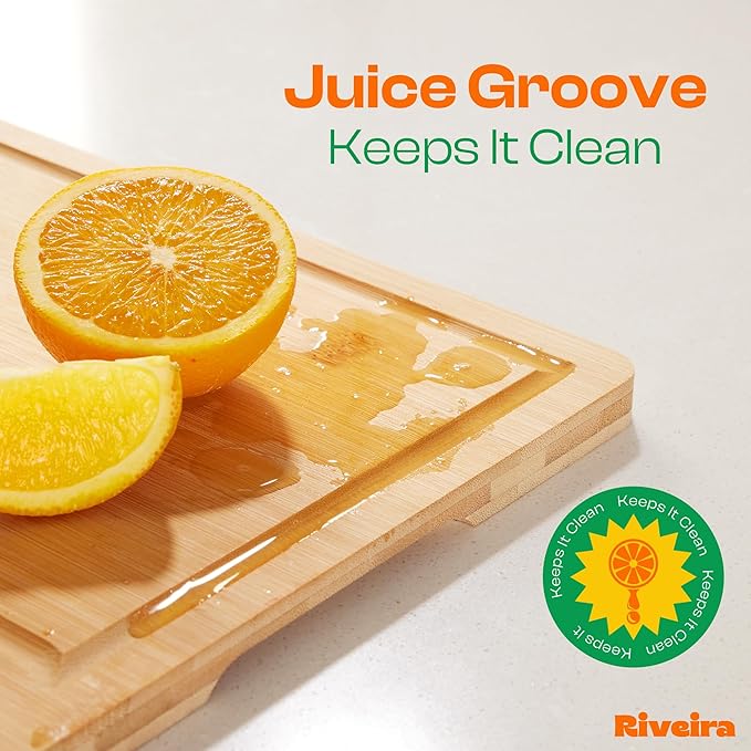 Riveira Brown Bamboo Wood Cutting Board – Gourmet Bamboo Grandeur: 8 x 8 Wooden Cutting Board – Wooden Cutting Boards For Kitchen Decorative – Innovative Juice Grooves Wooden Chopping Board