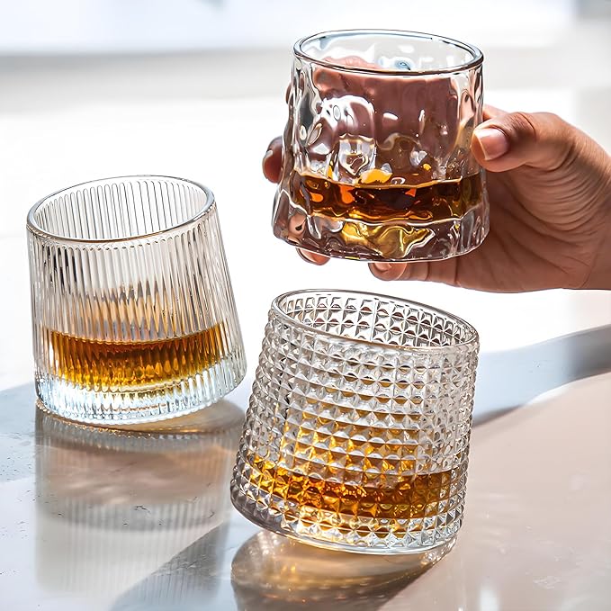 Crystal Whiskey Glasses 5 OZ Set of 3, Rotatable Old Fashioned Glasses, Tumbler Rocks Bar Glass for Drinking Bourbon, Scotch, Cocktails, Cognac（Larger Size）