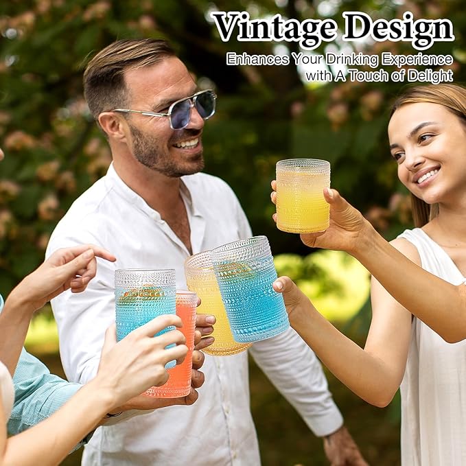 Hobnail Drinking Glasses Set of 8, 4pcs 15oz Highball Glasses & 4pcs 12oz Clear Glass Cups,Kitchen Bar Vintage Embossed Glassware Sets for Whiskey,Cocktail,mocktails,Wine, Water & Juice Drinkware