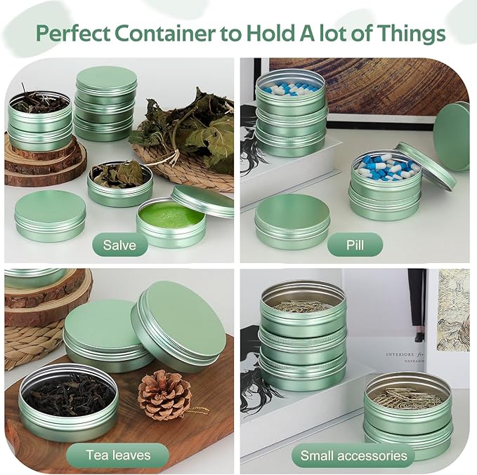 YQ 24 Pack 4 oz Tins for Salves, Round Aluminum Metal Tin with Lids, Empty 4oz Tin Containers Food Storage Containers, Salve Tins with Lids and Labels for Cosmetic, Balm, Candle, Candy(Light Green)