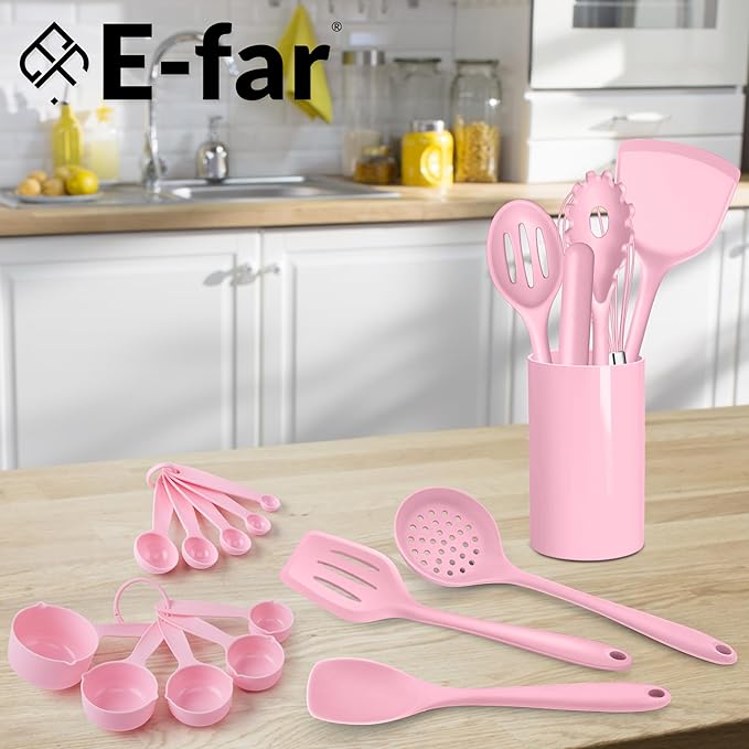 E-far Pink Silicone Cooking Utensils Set, 24Pcs Heat Resistant Kitchen Utensil with Holder, Silicone Kitchen Tools with Spatula Turner Spoon Tongs Whisk, Non-Toxic & Dishwasher Safe