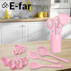 E-far Pink Silicone Cooking Utensils Set, 24Pcs Heat Resistant Kitchen Utensil with Holder, Silicone Kitchen Tools with Spatula Turner Spoon Tongs Whisk, Non-Toxic & Dishwasher Safe