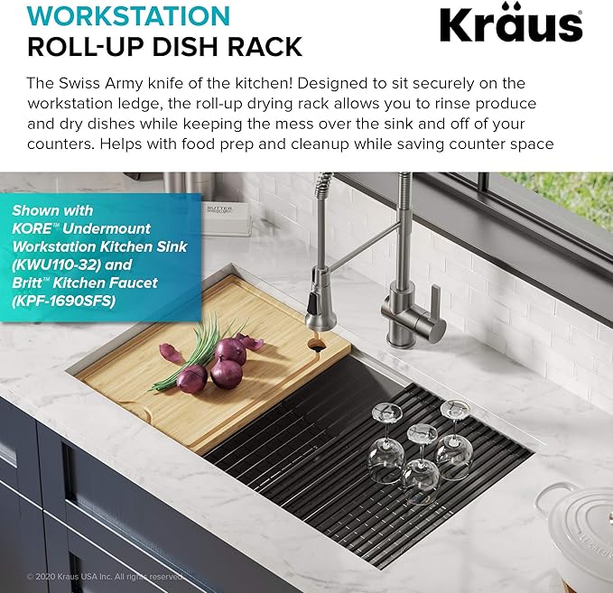 Kraus Multipurpose Workstation Sink Roll-Up Dish Drying Rack, Colander and Trivet in Black, KRM-11BL (Pack of 2)
