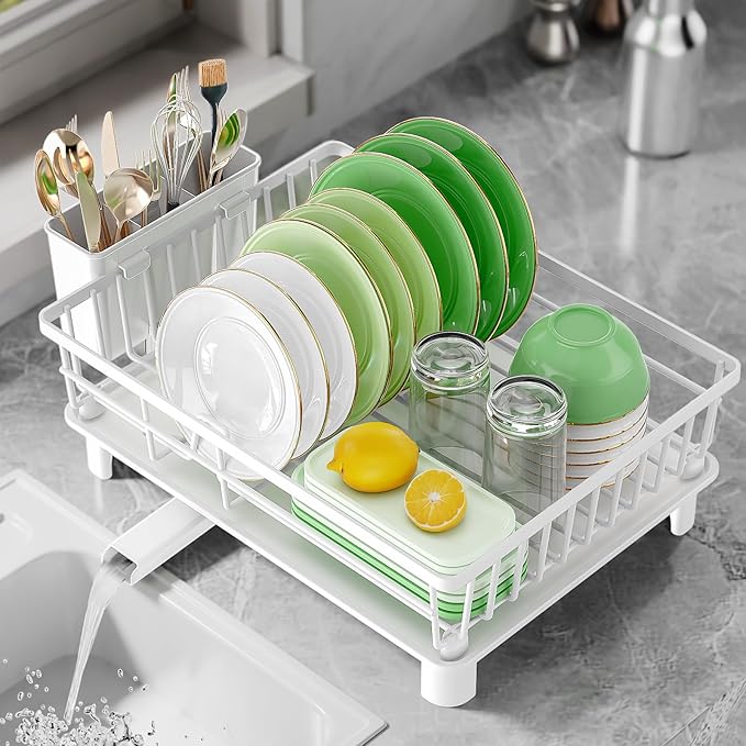 Dish Drying Rack for Kitchen Counter, Stainless Steel Drainer Anti Rust, Smart Drainage System Drainboard with Detachable Cutlery Holder, Handwash Dish Helper for Home, Apartment Space Saving