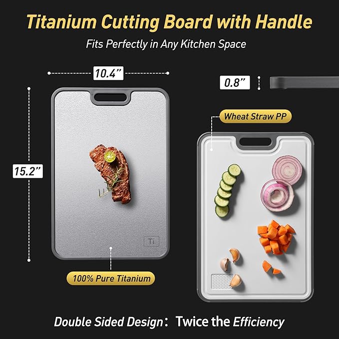 2 in 1 Pure Titanium Cutting Boards for Kitchen Chopping Board with Handle Large Big Small Kitchen Meat Butcher Block Not Stainless Steel Wood Bamboo Glass Rubber Plastic Silicone Acrylic Teak Sink