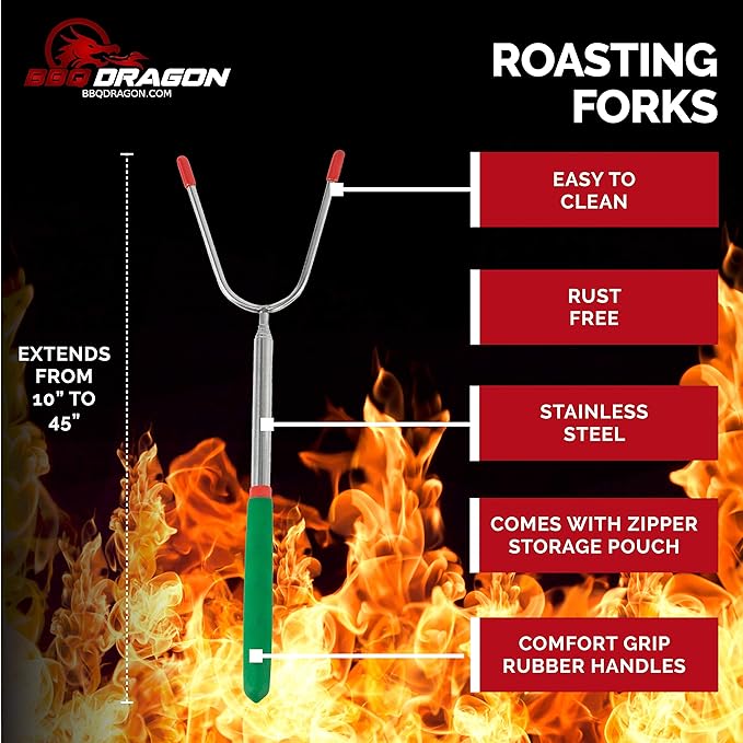 BBQ Dragon Smores Kit – 5 Extra Long Smore Sticks for Fire Pit – Telescoping Marshmallow Roasting Sticks – Durable Skewers for Smores and Hot Dogs – Outdoor Smores Kit with Color Handles