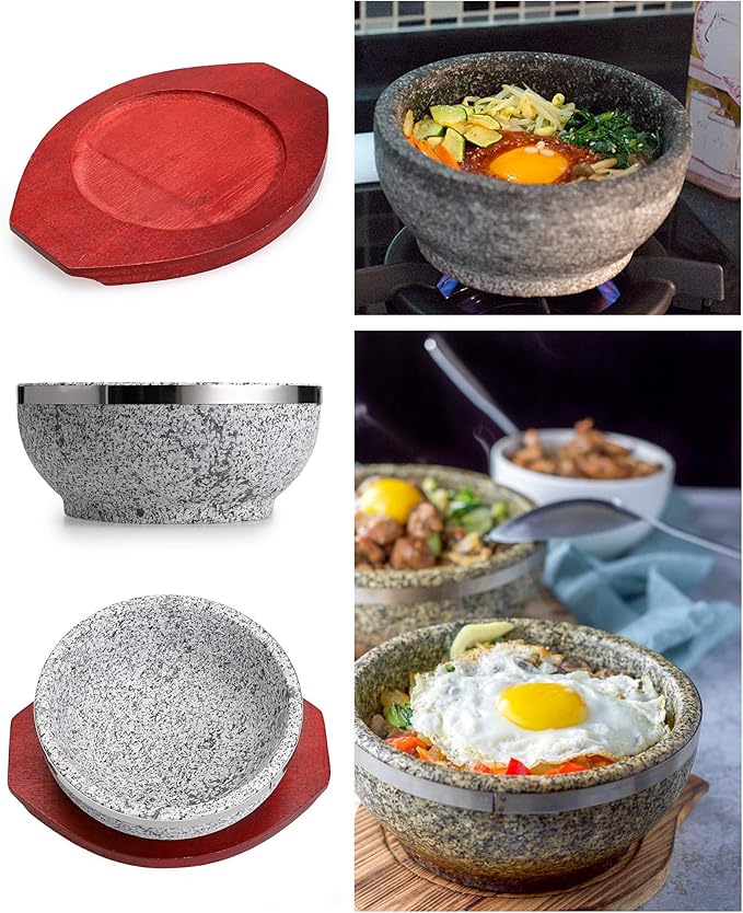 MDLUU Dolsot Bibimbap Bowl 32 Oz, Granite Stone Bowl with Wood Base, Dolsot Pot for Korean Soup, Rice and Stew