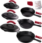 Cuisinel Cast Iron Skillets Set with Lids - 8"+10"+12"-inch Pre-Seasoned Covered Frying Pan Set + Silicone Handle and Lid Holders + Scraper/Cleaner - Use Cookware Indoor/Outdoor, Oven, Stovetop, Fire