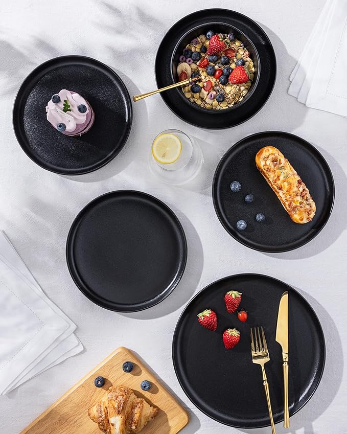 TheTerra Ceramic Dinnerware Sets for 4, 12 Pieces Porcelain Lightweight Plates and Bowls Sets, Scratch Resistant Dish Set, Oven & Microwave & Dishwasher Safe, Black