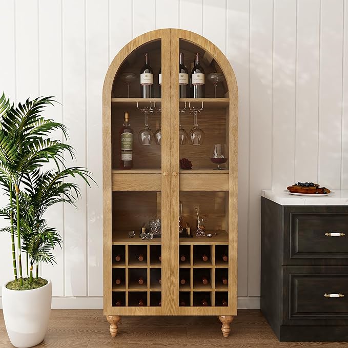 71" Wine Bar Cabinet, Arched Storage Cabinets with Door, Whiskey Station with Wine Rack and Glass Holder, Liquor Bar Cabinet for Home Kitchen Living Dining Room (Oak)