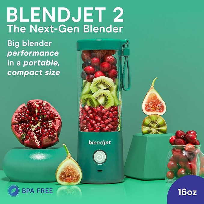 BlendJet Portable Blender for Smoothies & Shakes - 16oz BlendJet 2 Cordless Personal Small Blender, USB-C Rechargeable & Self Cleaning - Quiet Mini Travel Blender with Stainless Steel Blade (Emerald)